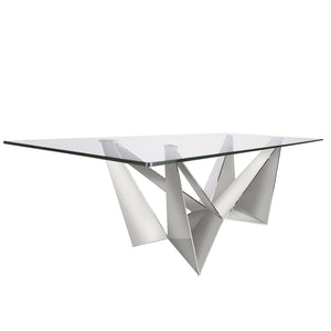 Rectangular dining table in tempered glass and chromed steel