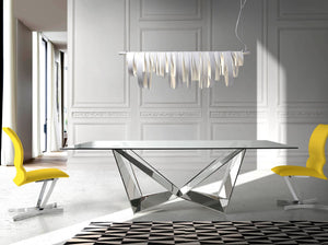 Rectangular dining table in tempered glass and chromed steel