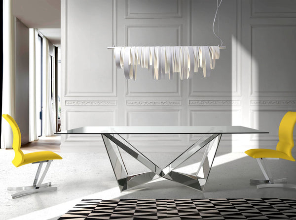 Rectangular dining table in tempered glass and chromed steel