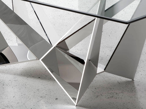 Rectangular dining table in tempered glass and chromed steel