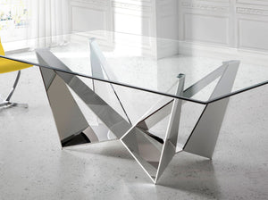 Rectangular dining table in tempered glass and chromed steel
