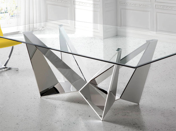 Rectangular dining table in tempered glass and chromed steel