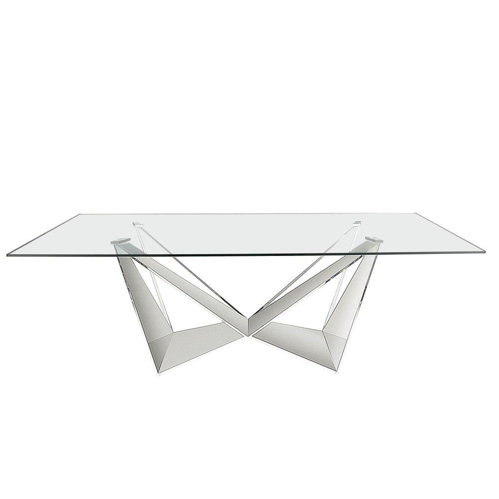 Rectangular dining table in tempered glass and chromed steel