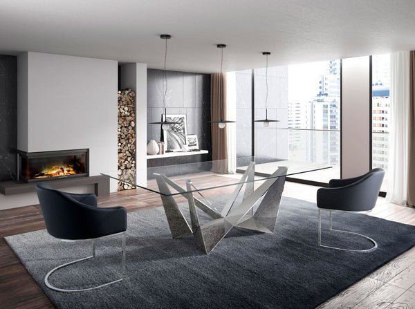 Rectangular dining table in tempered glass and chromed steel