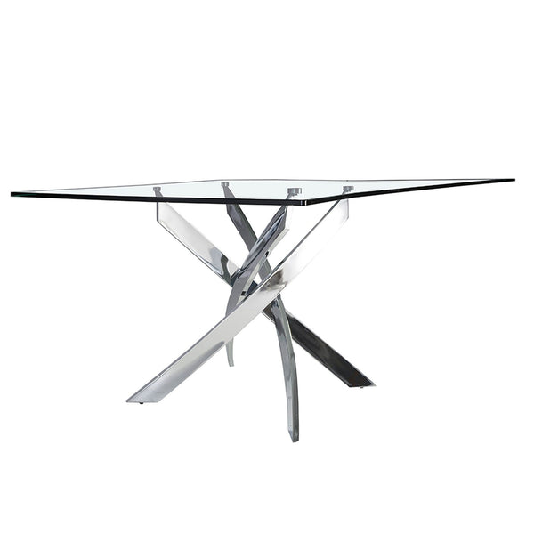 Rectangular dining table in tempered glass and chromed steel