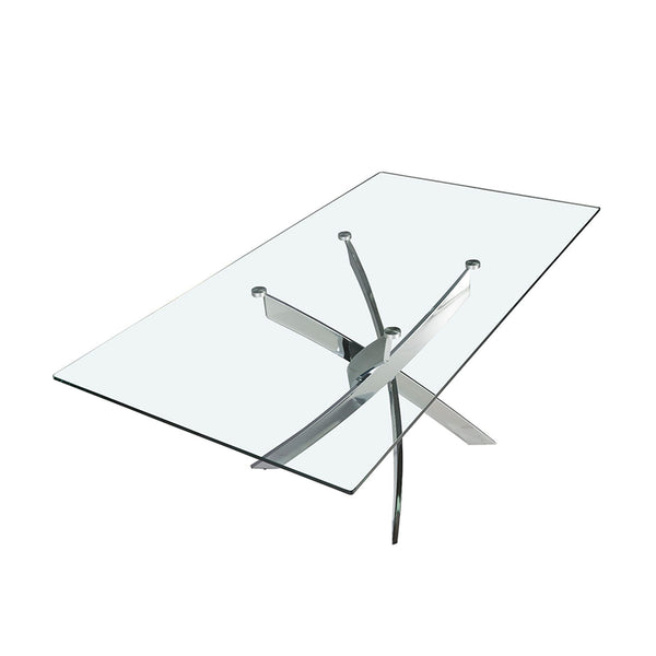 Rectangular dining table in tempered glass and chromed steel