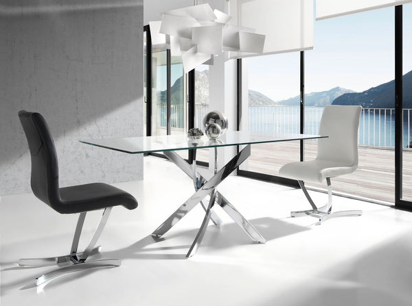 Rectangular dining table in tempered glass and chromed steel