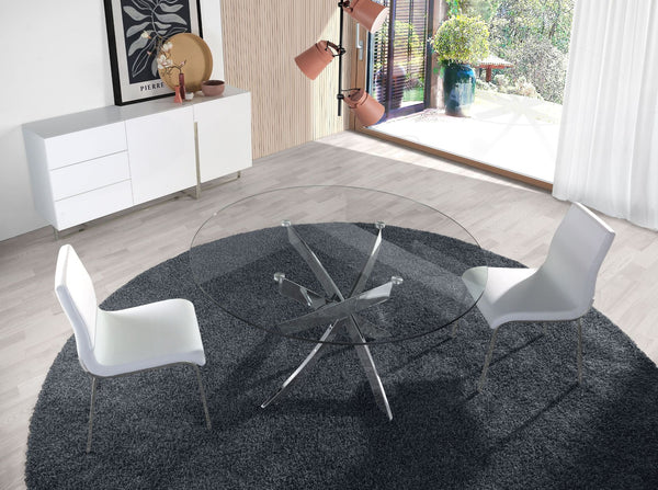Round dining table in tempered glass and chromed steel
