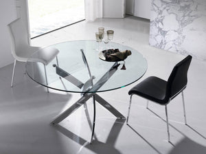 Round dining table in tempered glass and chromed steel