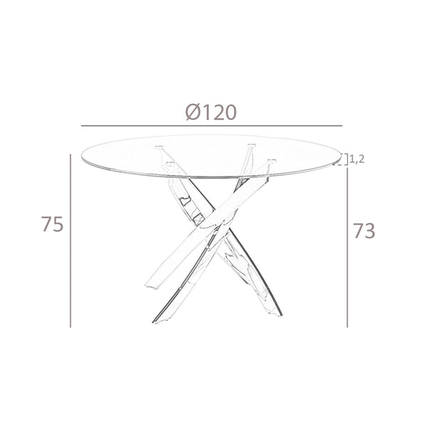 Round dining table in tempered glass and chromed steel