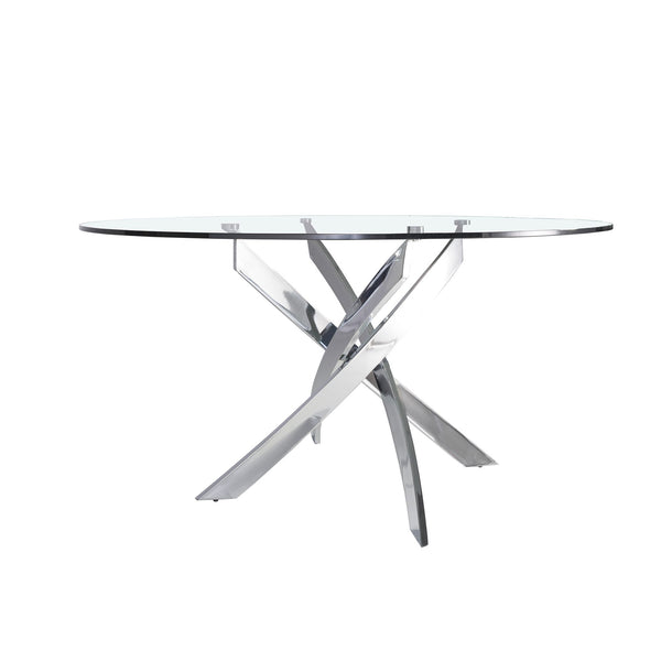 Round dining table in tempered glass and chromed steel