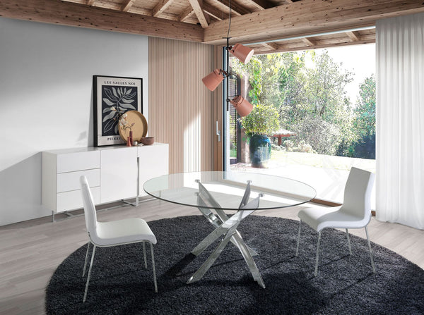 Round dining table in tempered glass and chromed steel