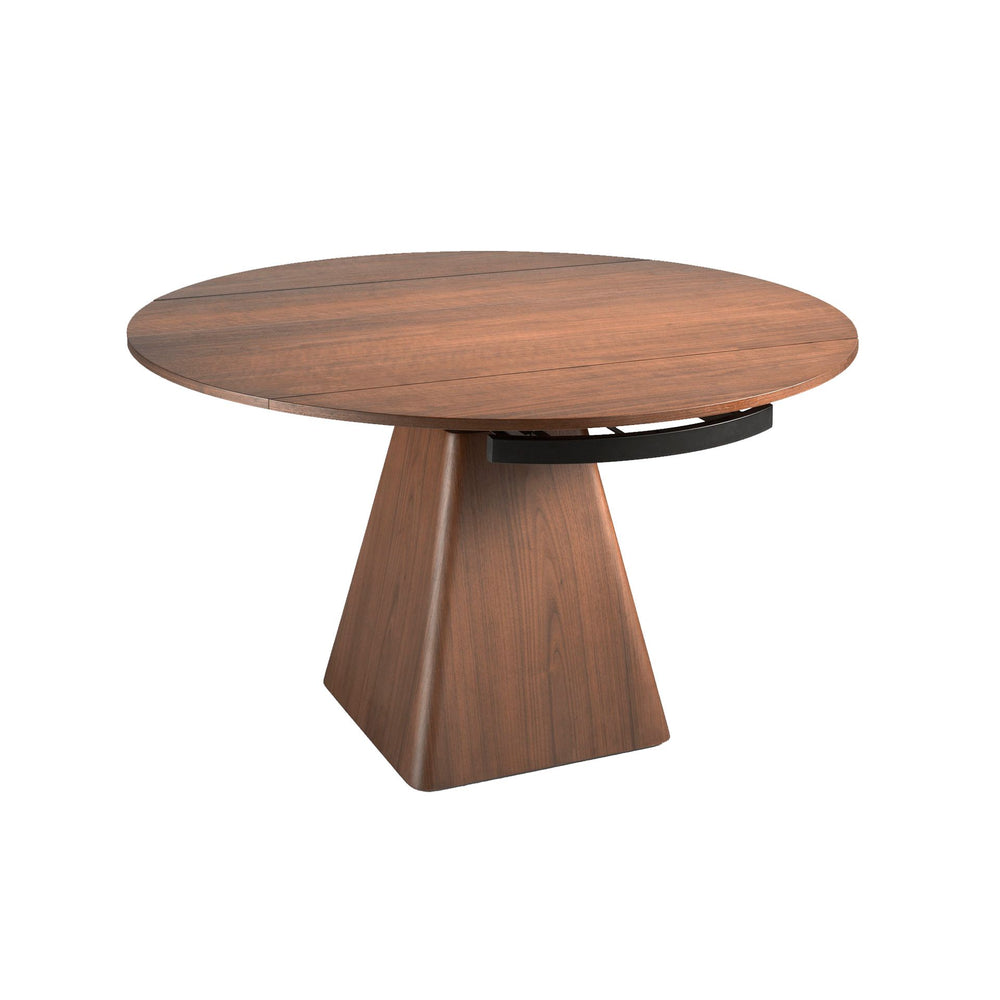 Round extendable walnut dining table