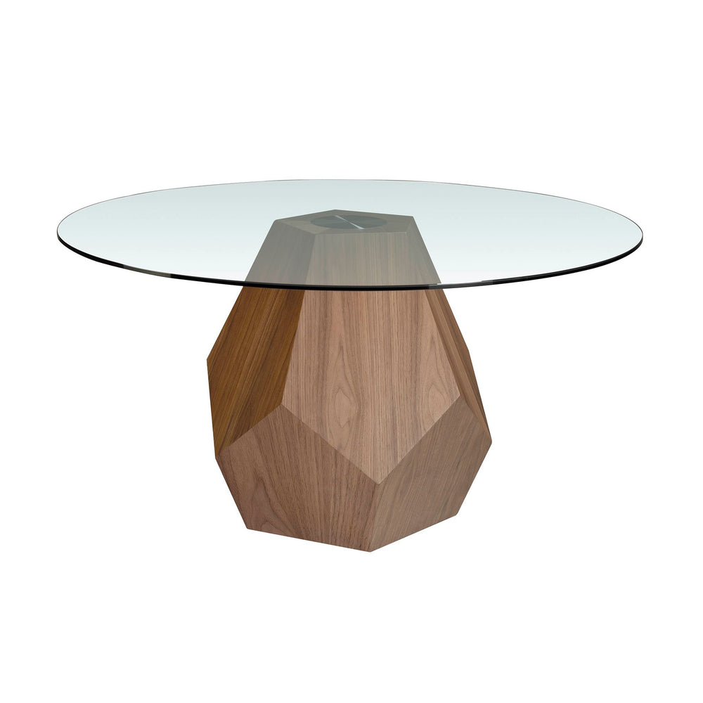 Round dining table in tempered glass and walnut