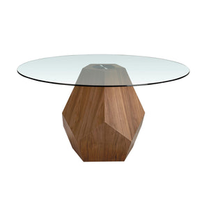 Round dining table in tempered glass and walnut
