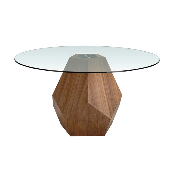 Round dining table in tempered glass and walnut