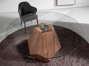 Round dining table in tempered glass and walnut