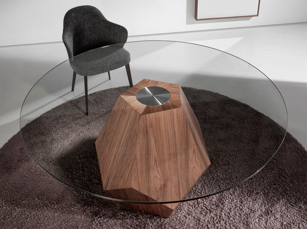 Round dining table in tempered glass and walnut
