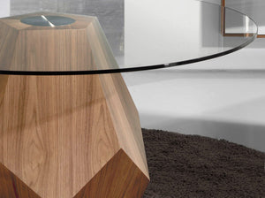 Round dining table in tempered glass and walnut