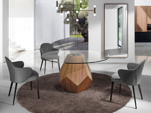 Round dining table in tempered glass and walnut