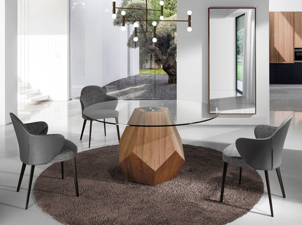 Round dining table in tempered glass and walnut