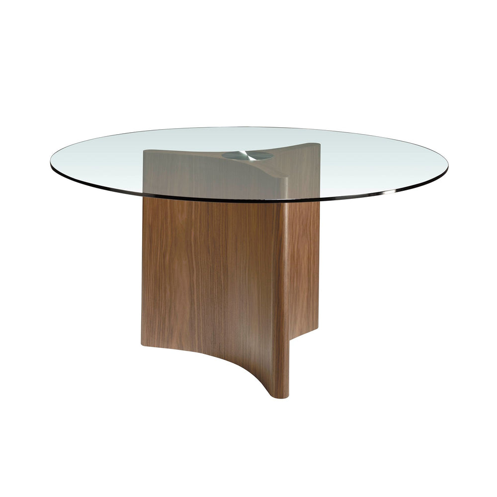 Round dining table in tempered glass and walnut