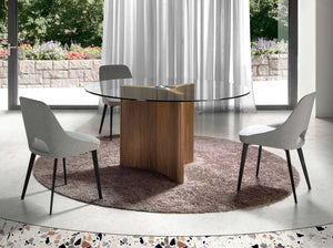 Round dining table in tempered glass and walnut