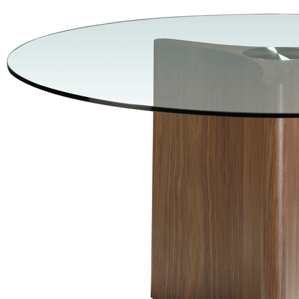 Round dining table in tempered glass and walnut