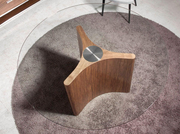 Round dining table in tempered glass and walnut