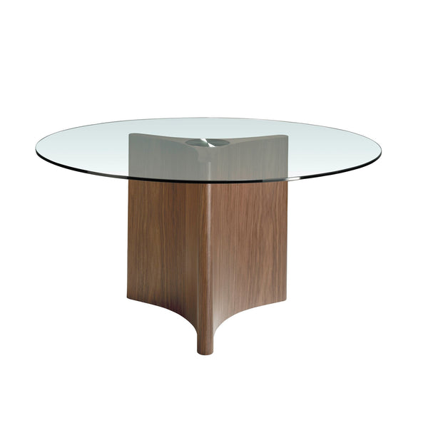 Round dining table in tempered glass and walnut