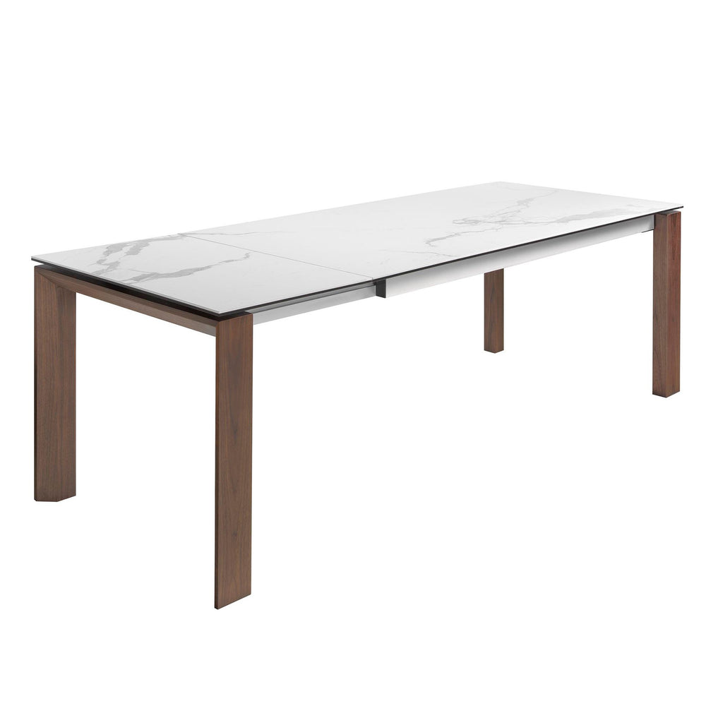 Rectangular extendable dining table in porcelain marble and walnut