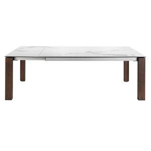 Rectangular extendable dining table in porcelain marble and walnut