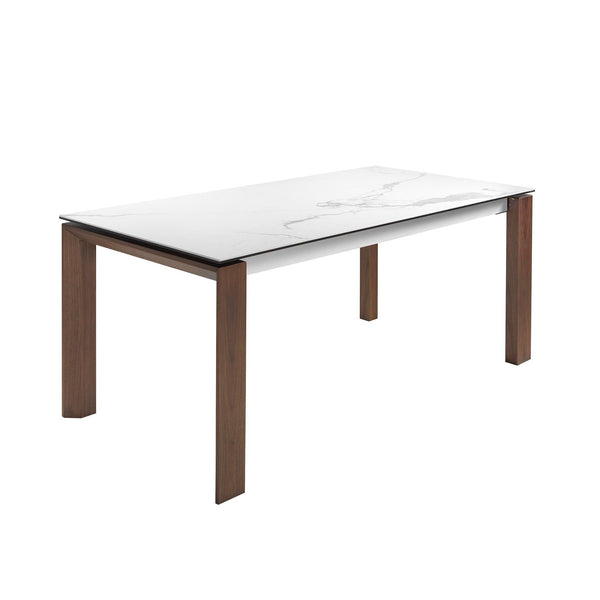Rectangular extendable dining table in porcelain marble and walnut
