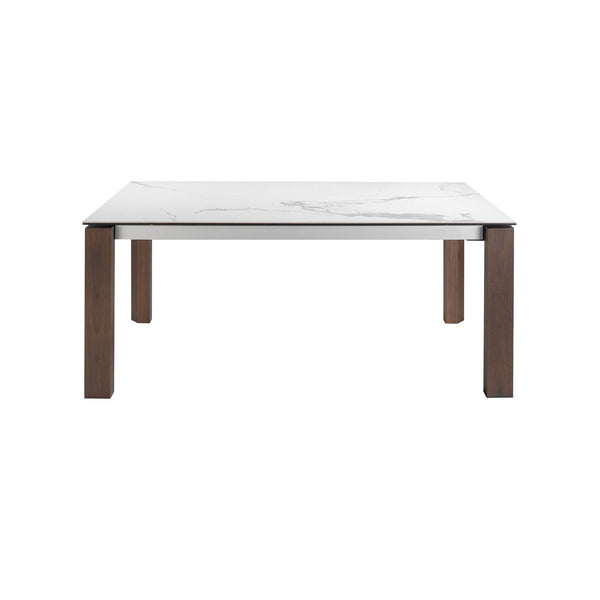 Rectangular extendable dining table in porcelain marble and walnut