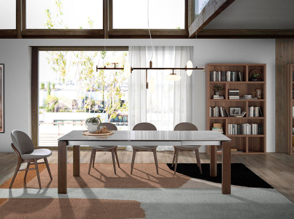 Rectangular extendable dining table in porcelain marble and walnut