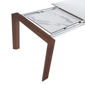 Rectangular extendable dining table in porcelain marble and walnut
