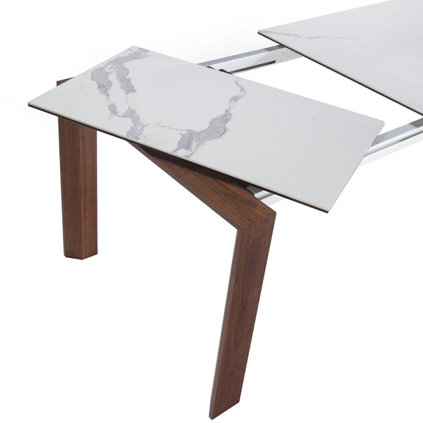Rectangular extendable dining table in porcelain marble and walnut