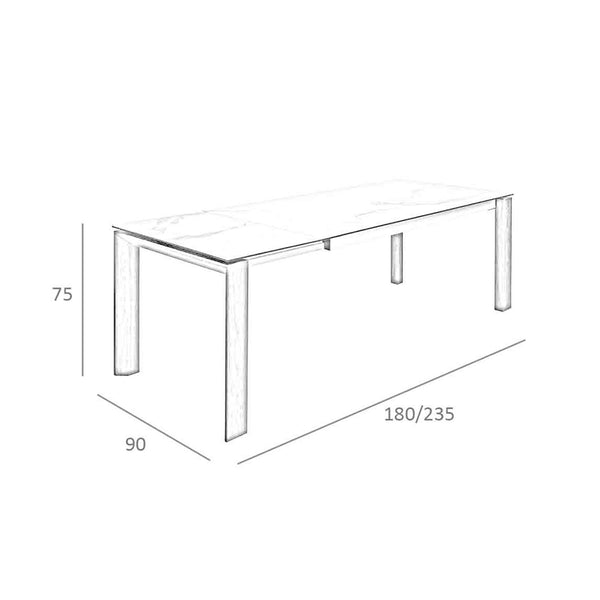 Rectangular extendable dining table in porcelain marble and walnut