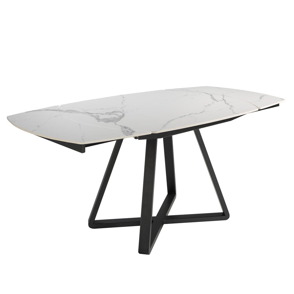 Extendable oval barrel dining table in porcelain marble and black steel