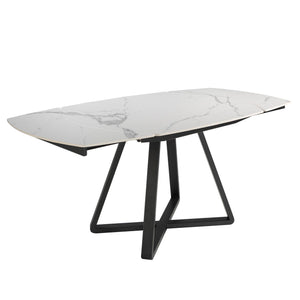 Extendable oval barrel dining table in porcelain marble and black steel