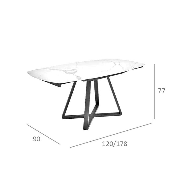 Extendable oval barrel dining table in porcelain marble and black steel