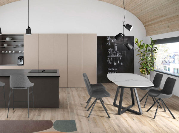 Extendable oval barrel dining table in porcelain marble and black steel