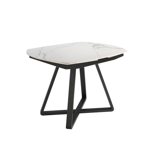 Extendable oval barrel dining table in porcelain marble and black steel