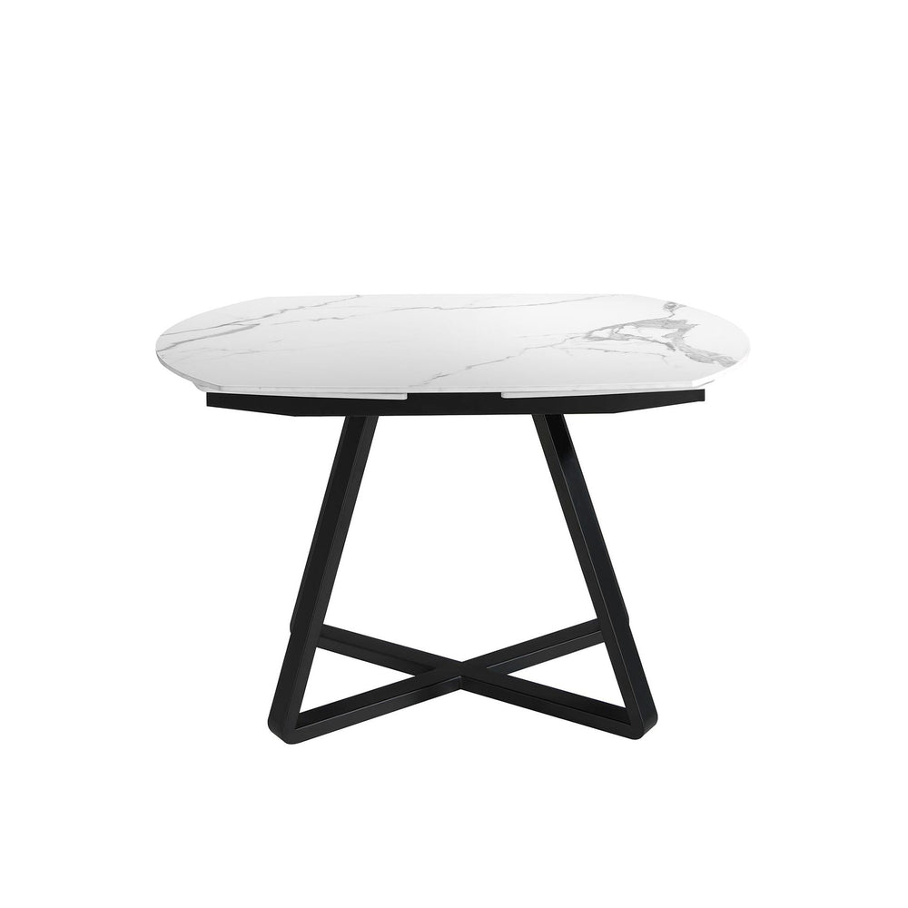 Extendable oval barrel dining table in porcelain marble and black steel