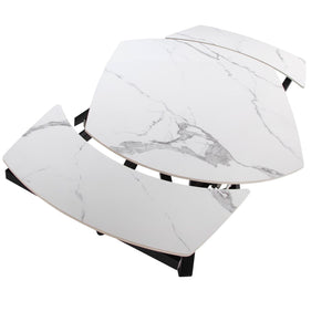 Extendable oval barrel dining table in porcelain marble and black steel
