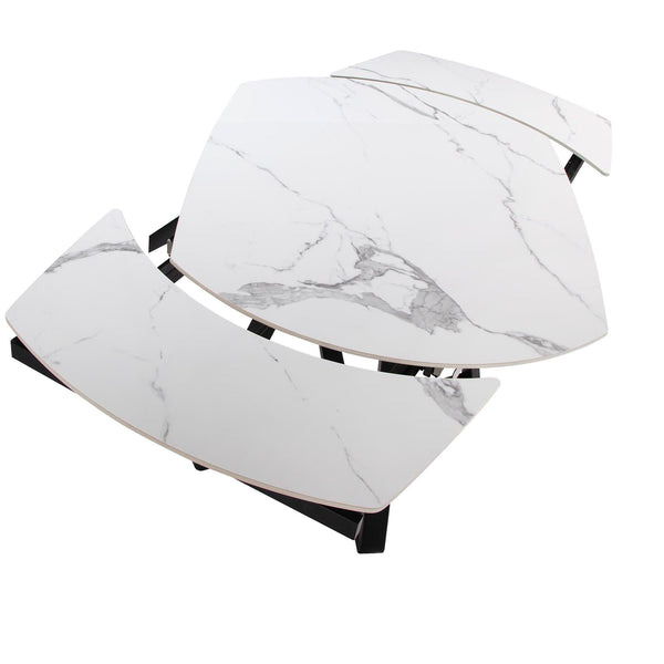 Extendable oval barrel dining table in porcelain marble and black steel