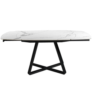 Extendable oval barrel dining table in porcelain marble and black steel