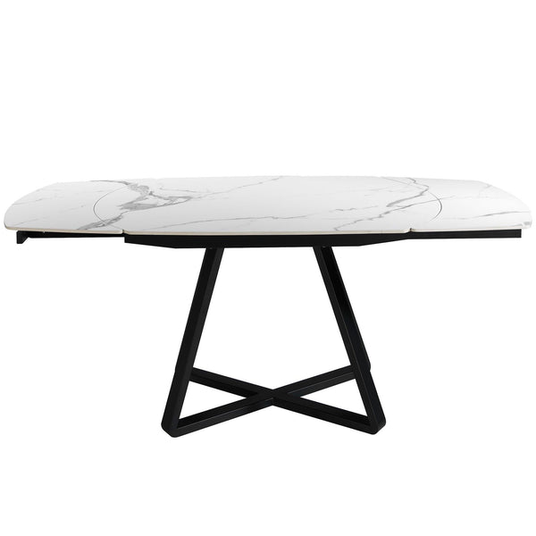 Extendable oval barrel dining table in porcelain marble and black steel