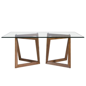 Rectangular dining table in tempered glass and walnut