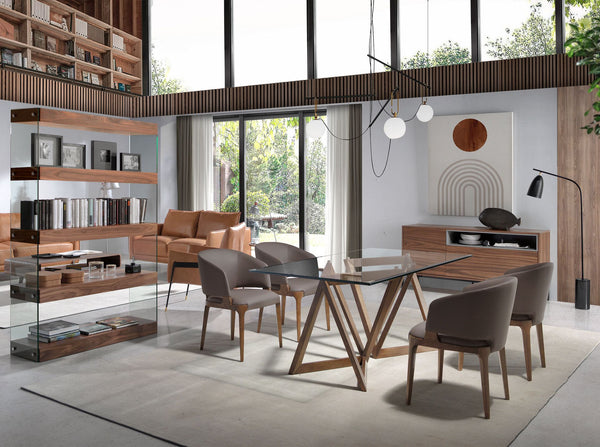 Rectangular dining table in tempered glass and walnut